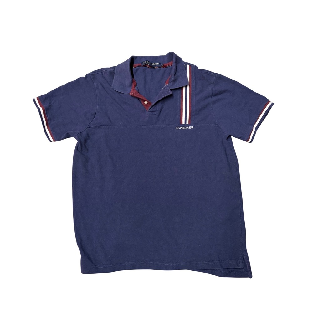 US Polo Assn Mens Large‎ Navy Blue Pique Polo Shirt Vertical Stripe Short Sleeve